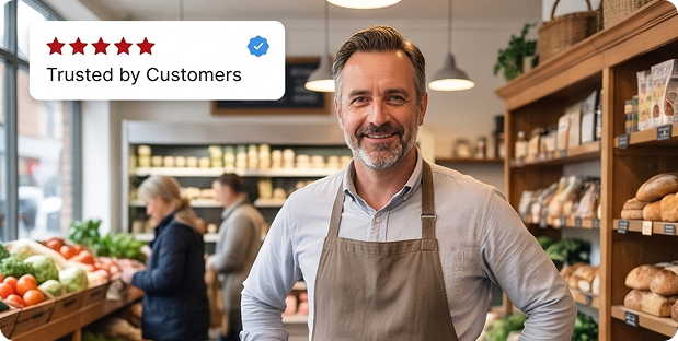 London business owner welcoming customers to his shop